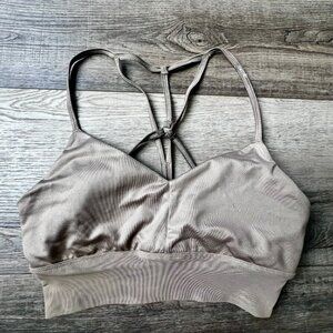 Alo Bra Longline Lavish Sports Bra Strappy Back Mesh Bottom Tan Workout Gym Yoga